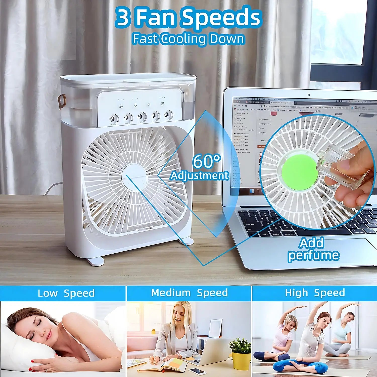 3-in-1 Luchtkoeler met LED-verlichting – Draagbare Ventilator, Luchtbevochtiger & Airconditioner voor Thuis en Kantoor